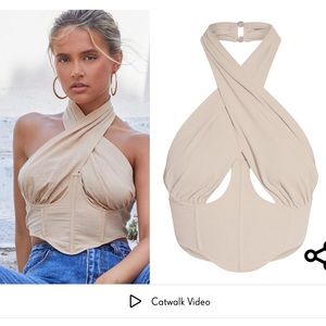 tan twist cross front corset crop top